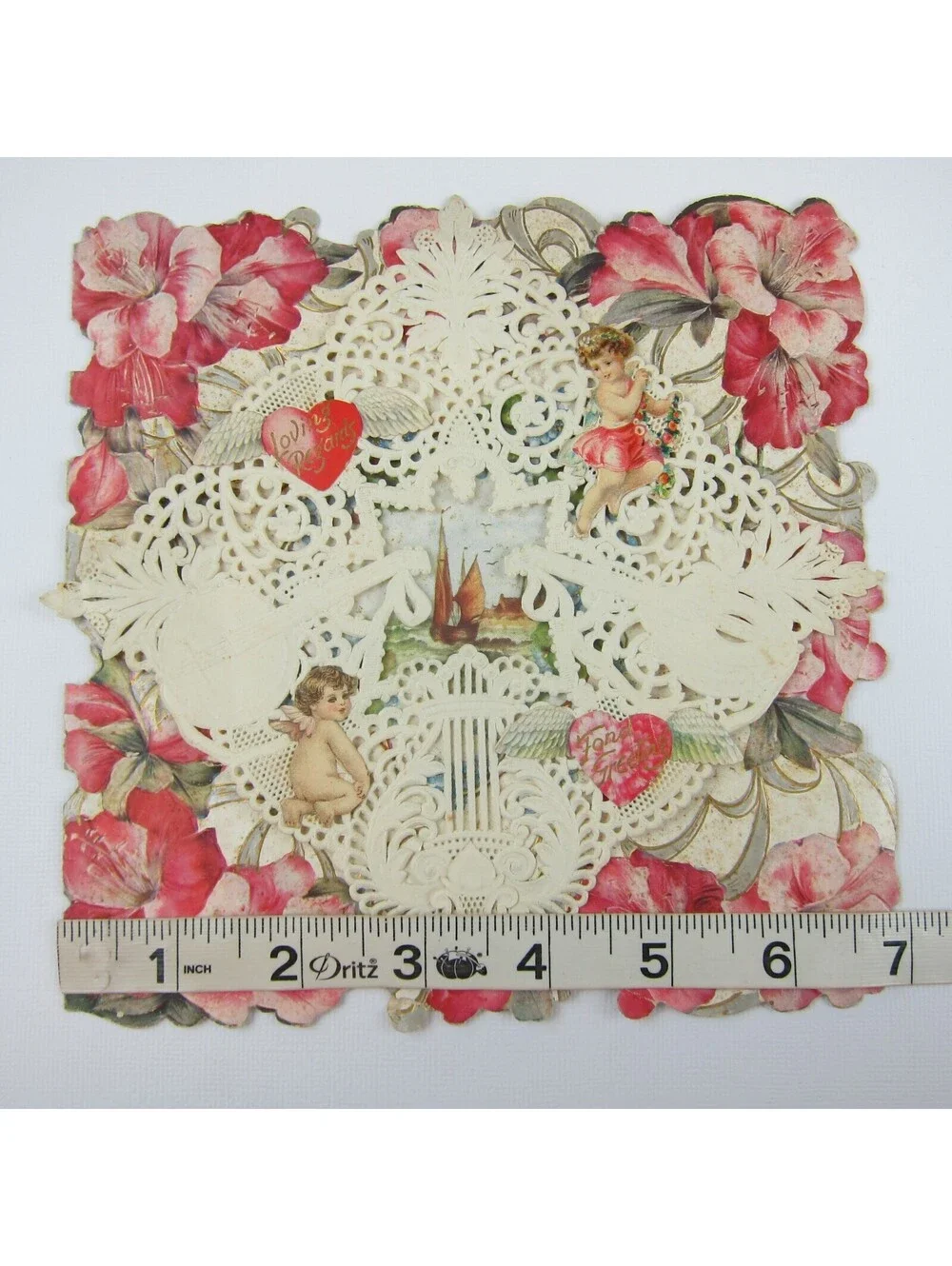 Antique Valentine Die Cut Sailboat & Cupid Angel Boys Pink Flowers Hearts Bifold